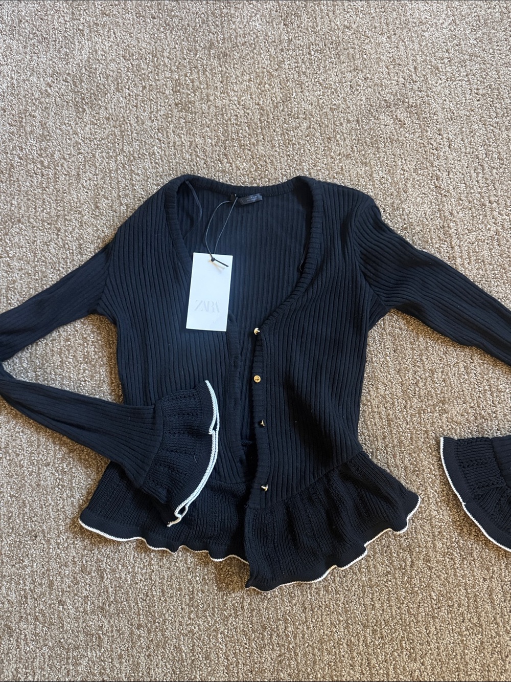 Zara Black Ribbed Cardigan with White Trim and Gold Buttons